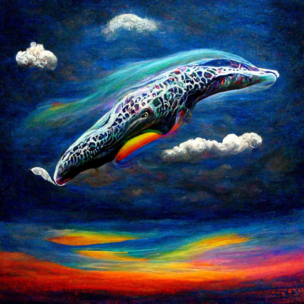 A psychedelic whale floating in the sky